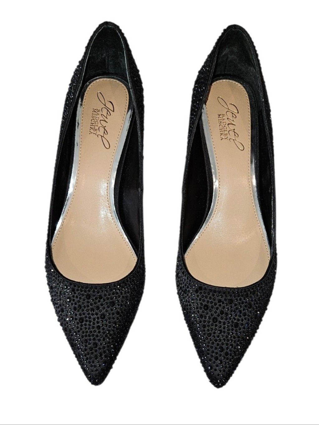 Jewel Badgley Mischka Black Rhinestone Pointed Toe Kitten Heels Euc - Size 7